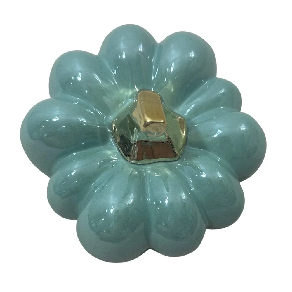 Ceramic Teal Glazed Pumpkin Figurine with Metallic Gold Stem Fall Decor 8in